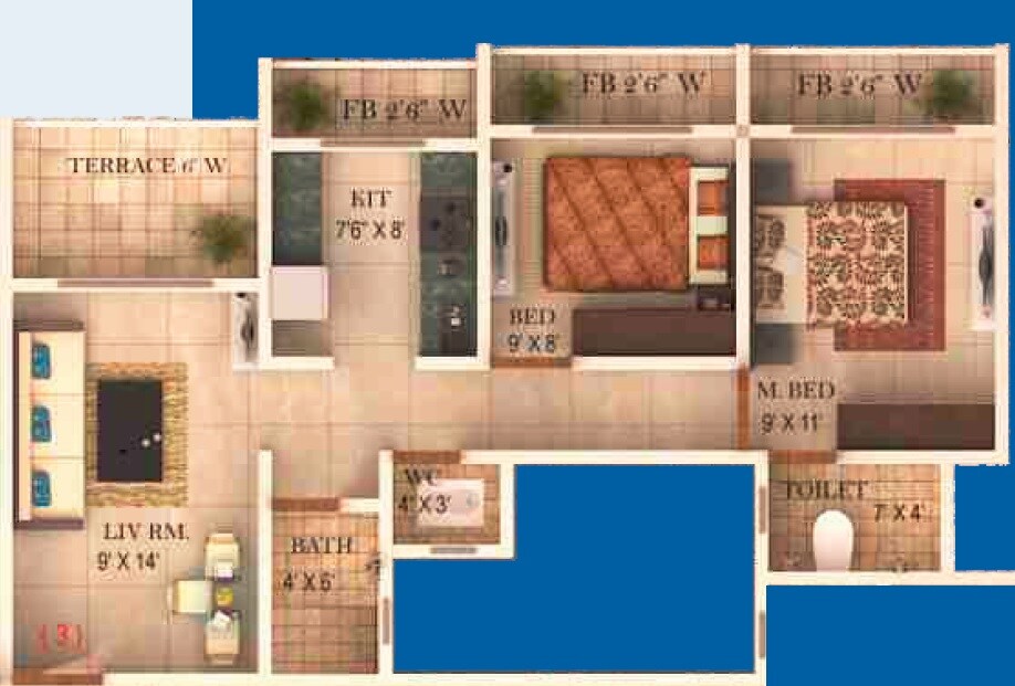 Floor plan of 2 BHK 521 Sq. Ft. Apartment in Avighna Karan, Thane