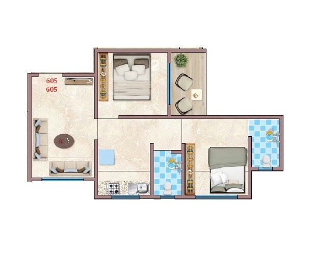 Floor plan of 2 BHK 383 Sq. Ft. Apartment in Avishkar Prakruti Sparsh, Thane