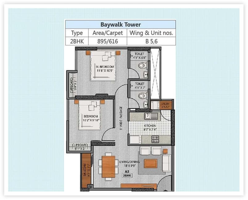 Floor plan of 2 BHK 895 Sq. Ft. Apartment in Axis La Promenade, Thane