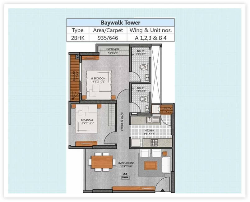 Floor plan of 2 BHK 935 Sq. Ft. Apartment in Axis La Promenade, Thane