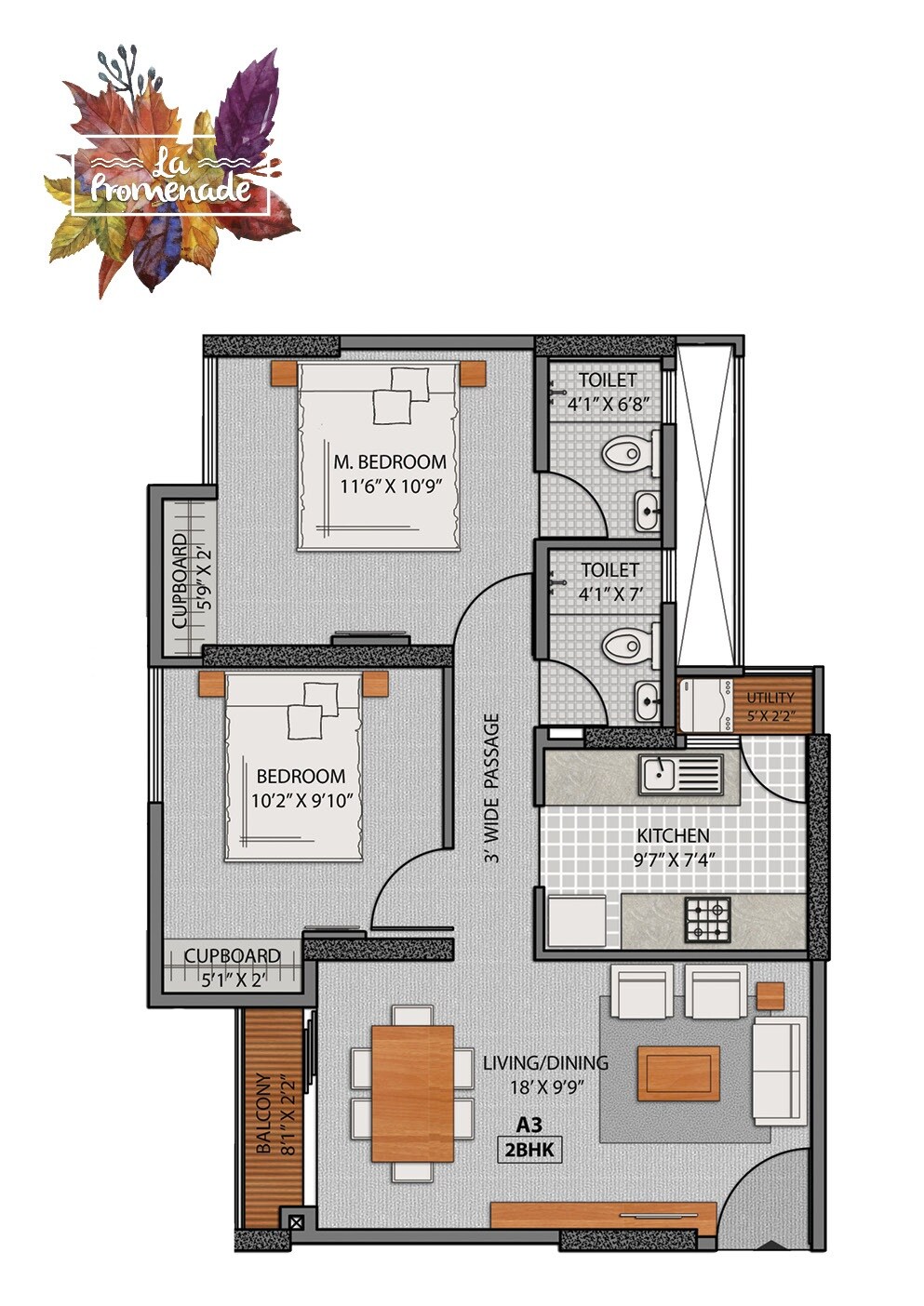 Floor plan of 2 BHK 539 Sq. Ft. Apartment in Axis La Promenade Phase II, Thane
