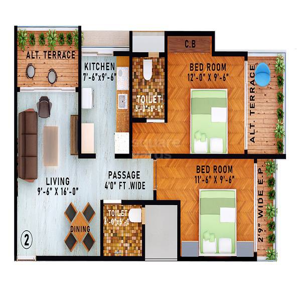 Floor plan of 2 BHK 523 Sq. Ft. Apartment in Ayesha Garden, Thane
