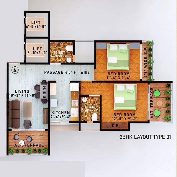 Floor plan of 2 BHK 614 Sq. Ft. Apartment in Ayesha Garden, Thane