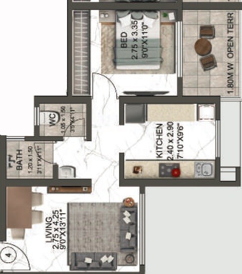 Floor plan of 1 BHK 470 Sq. Ft. Apartment in Balaji Annex Thakurli, Thane
