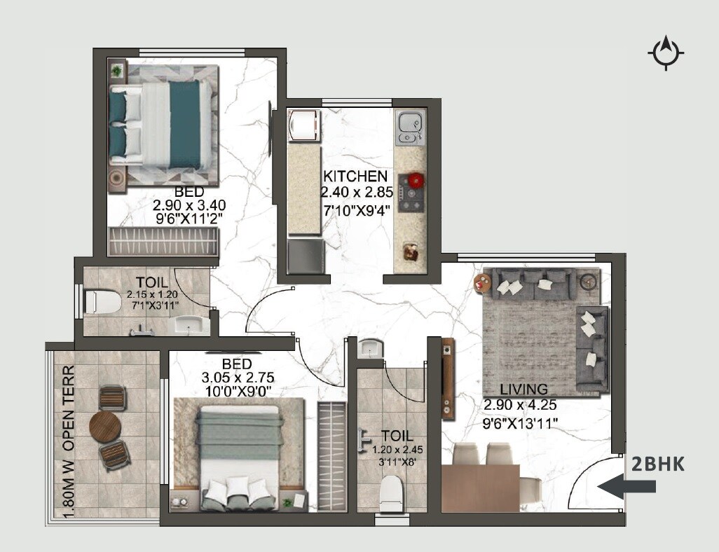 Floor plan of 2 BHK 506 Sq. Ft. Apartment in Balaji Annex Thakurli, Thane