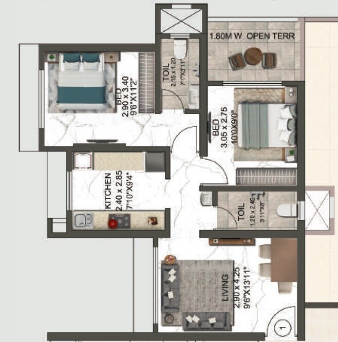 Floor plan of 2 BHK 615 Sq. Ft. Apartment in Balaji Annex Thakurli, Thane