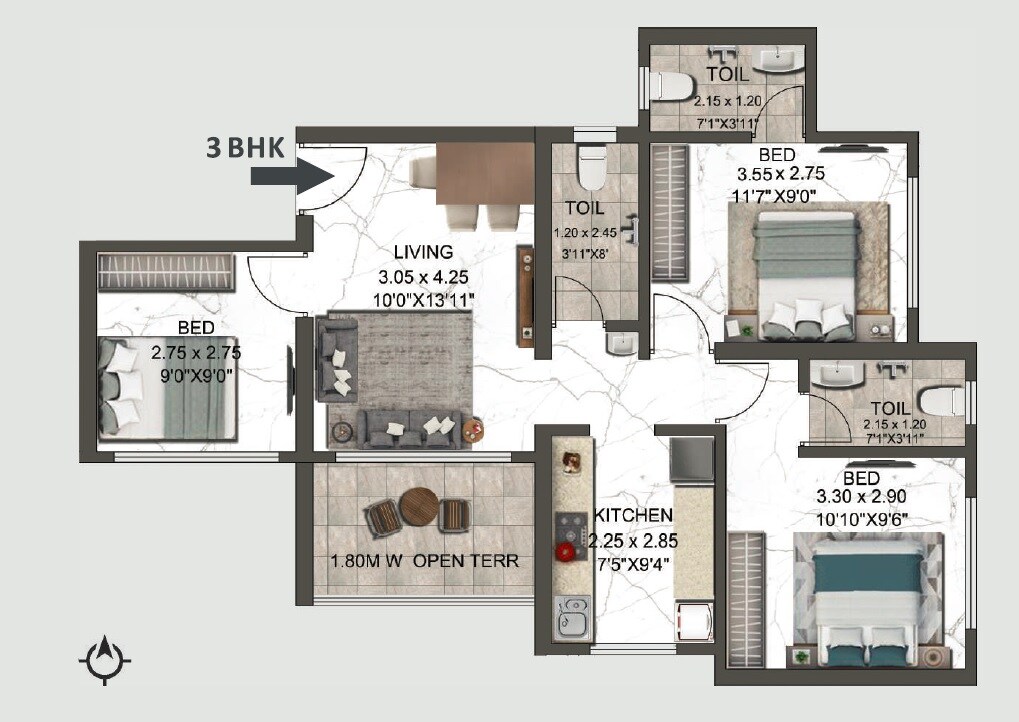 Floor plan of 3 BHK 743 Sq. Ft. Apartment in Balaji Annex Thakurli, Thane