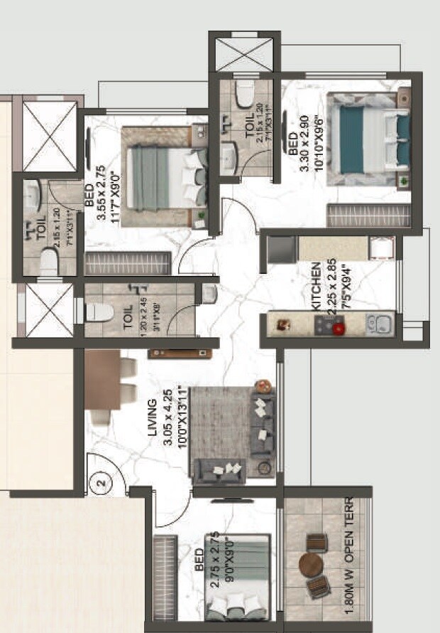 Floor plan of 3 BHK 754 Sq. Ft. Apartment in Balaji Annex Thakurli, Thane