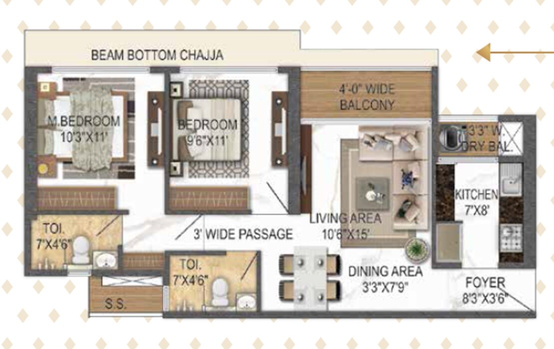 Floor plan of 2 BHK 685 Sq. Ft. Apartment in Balaji Aqua, Thane