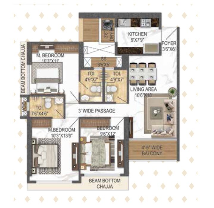 Floor plan of 3 BHK 922 Sq. Ft. Apartment in Balaji Aqua, Thane