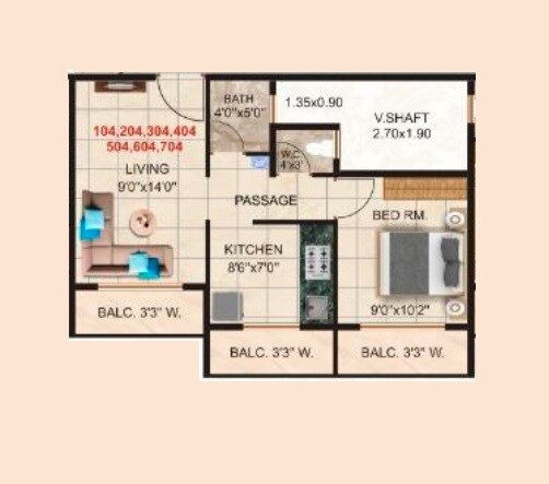Floor plan of 1 BHK 299 Sq. Ft. Apartment in Balaji Heritage Badlapur, Thane