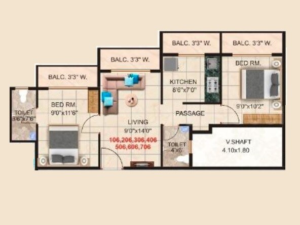 Floor plan of 2 BHK 550 Sq. Ft. Apartment in Balaji Heritage Badlapur, Thane