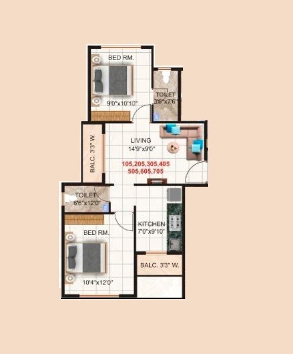 Floor plan of 2 BHK 670 Sq. Ft. Apartment in Balaji Heritage Badlapur, Thane