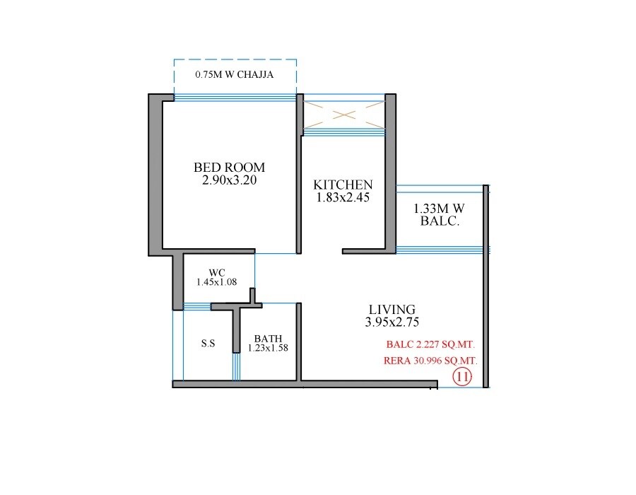 Floor plan of 1 BHK 334 Sq. Ft. Apartment in Balaji Olympia City, Thane