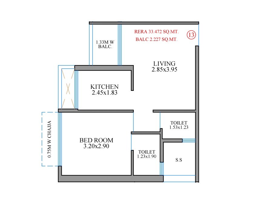 Floor plan of 1 BHK 360 Sq. Ft. Apartment in Balaji Olympia City, Thane