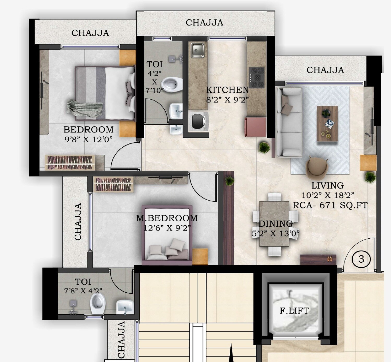 2 BHK 671 Sq. Ft. Apartment