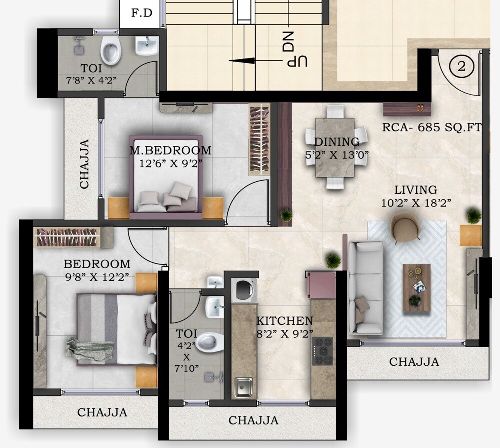 2 BHK 685 Sq. Ft. Apartment