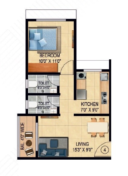 Floor plan of 1 BHK 429 Sq. Ft. Apartment in Balaji Siddhivinayak Complex, Thane