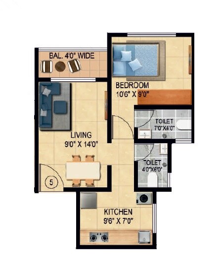 Floor plan of 1 BHK 413 Sq. Ft. Apartment in Balaji Siddhivinayak Complex, Thane