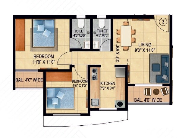 Floor plan of 2 BHK 622 Sq. Ft. Apartment in Balaji Siddhivinayak Complex, Thane