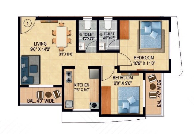 Floor plan of 2 BHK 610 Sq. Ft. Apartment in Balaji Siddhivinayak Complex, Thane