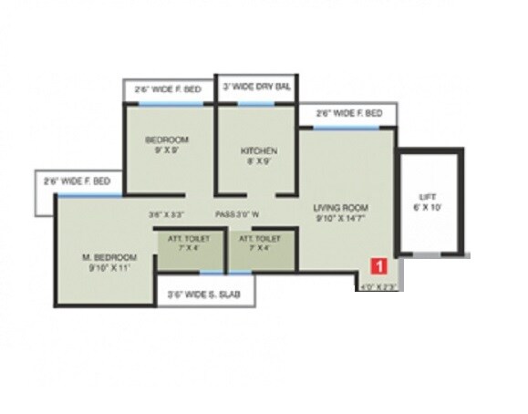 Floor plan of 2 BHK 645 Sq. Ft. Apartment in Balaji Trinity Heights, Thane