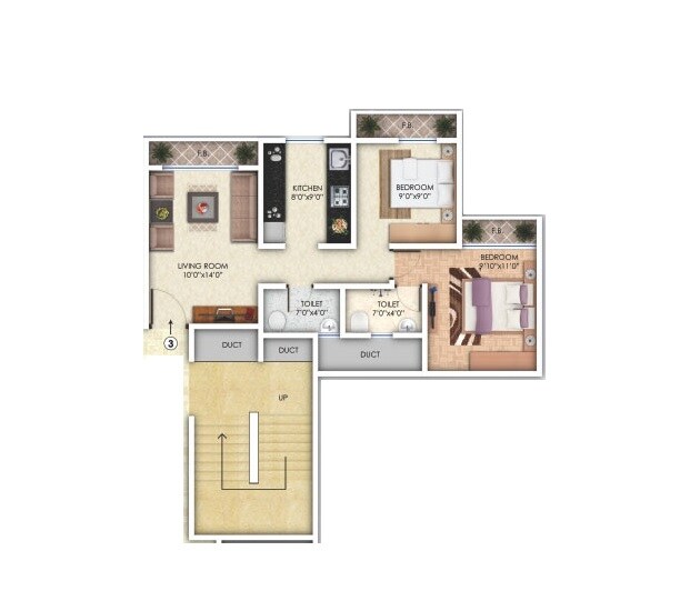 Floor plan of 2 BHK 518 Sq. Ft. Apartment in Balaji Trinity Oasis, Thane