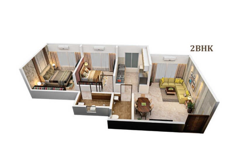 Floor plan of 2 BHK 614 Sq. Ft. Apartment in Balaji Vasant, Thane