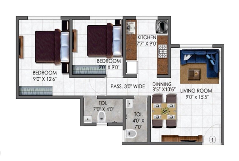 Floor plan of 2 BHK 622 Sq. Ft. Apartment in Balaji Vasant, Thane