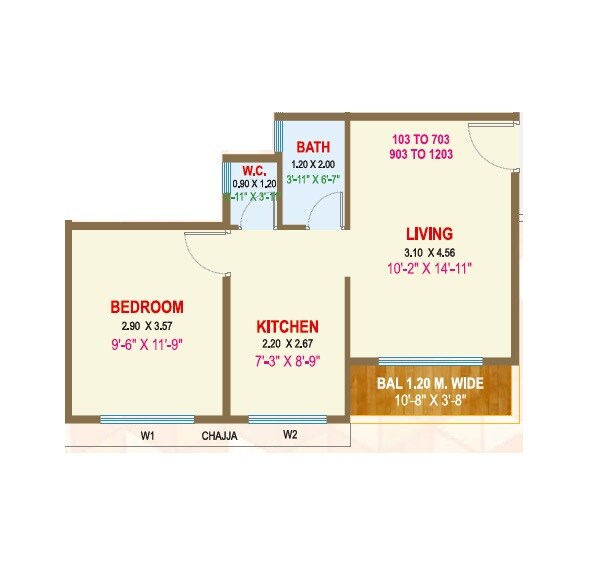 Floor plan of 1 BHK 407 Sq. Ft. Apartment in Baviskar Shiv Vista Homes, Thane