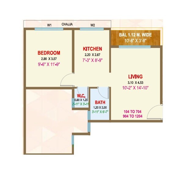 Floor plan of 1 BHK 457 Sq. Ft. Apartment in Baviskar Shiv Vista Homes, Thane