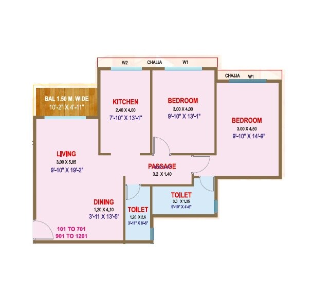 Floor plan of 2 BHK 800 Sq. Ft. Apartment in Baviskar Shiv Vista Homes, Thane