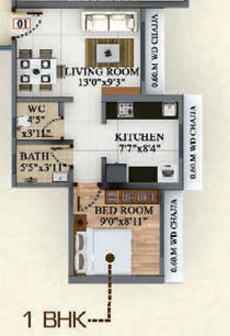 Floor plan of 1 BHK 389 Sq. Ft. Apartment in Bhagwati Celeste, Thane