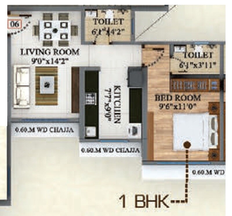 Floor plan of 1 BHK 419 Sq. Ft. Apartment in Bhagwati Celeste, Thane