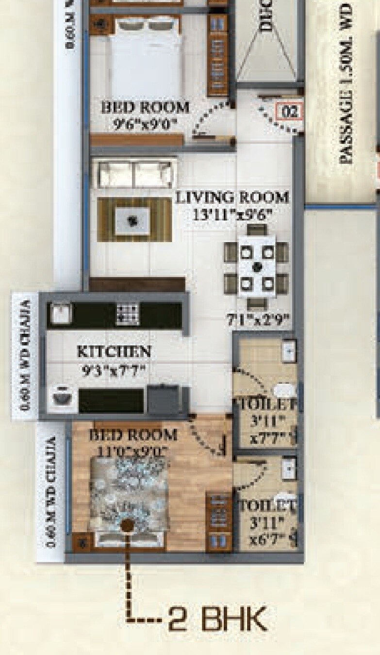 Floor plan of 2 BHK 543 Sq. Ft. Apartment in Bhagwati Celeste, Thane