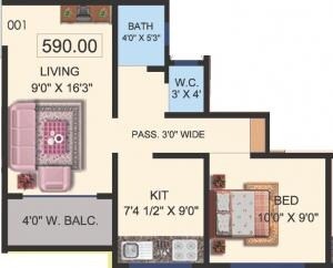 Floor plan of 1 BHK 590 Sq. Ft. Apartment in Bhagwati Shraddha Saburi Enclave, Thane