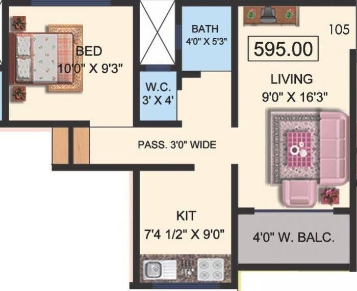 Floor plan of 1 BHK 595 Sq. Ft. Apartment in Bhagwati Shraddha Saburi Enclave, Thane
