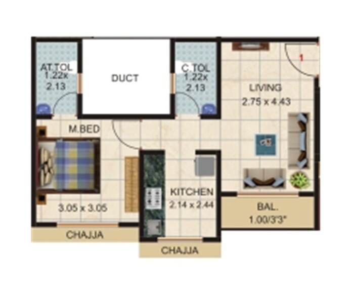1 BHK 414 Sq. Ft. Apartment