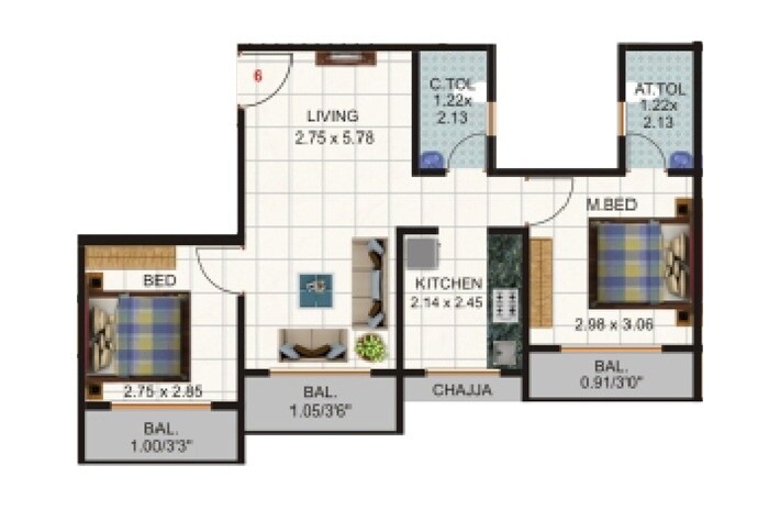 Floor plan of 2 BHK 609 Sq. Ft. Apartment in Bhagwati Shree Krushna Kunj, Thane