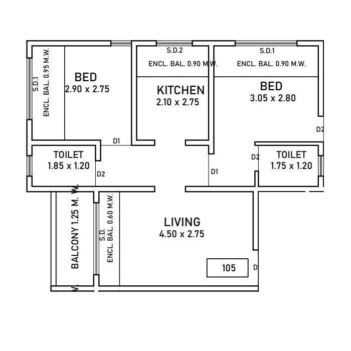 Floor plan of 2 BHK 421 Sq. Ft. Apartment in Bhanushali Sunrise Maple, Thane