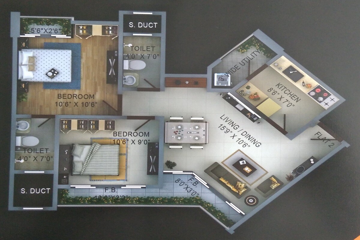 Floor plan of 2 BHK 522 Sq. Ft. Apartment in Bharat Ecovistas, Thane