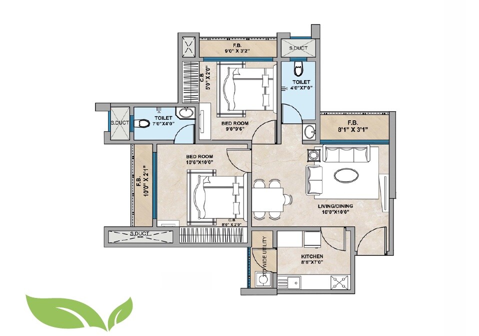 Floor plan of 2 BHK 510 Sq. Ft. Apartment in Bharat Ecovistas, Thane