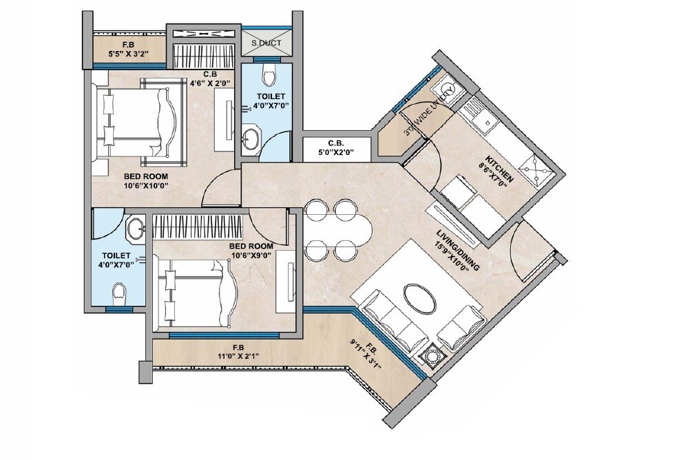 Floor plan of 2 BHK 515 Sq. Ft. Apartment in Bharat Ecovistas, Thane
