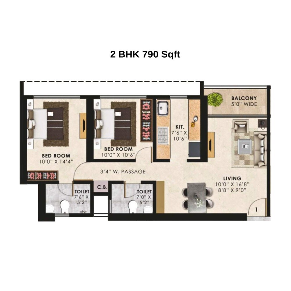 Floor plan of 2 BHK 790 Sq. Ft. Apartment in Bharat Shiv Sai Paradise, Thane