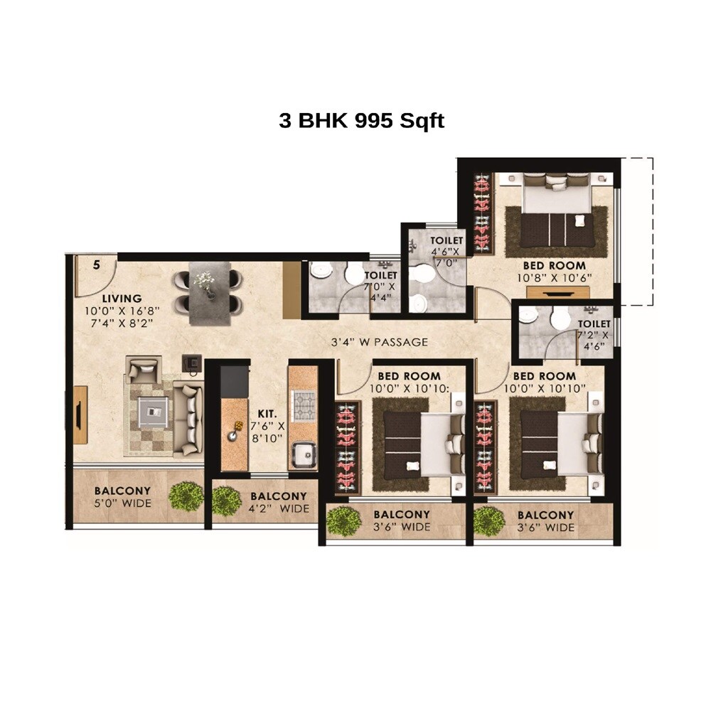 Floor plan of 3 BHK 995 Sq. Ft. Apartment in Bharat Shiv Sai Paradise, Thane
