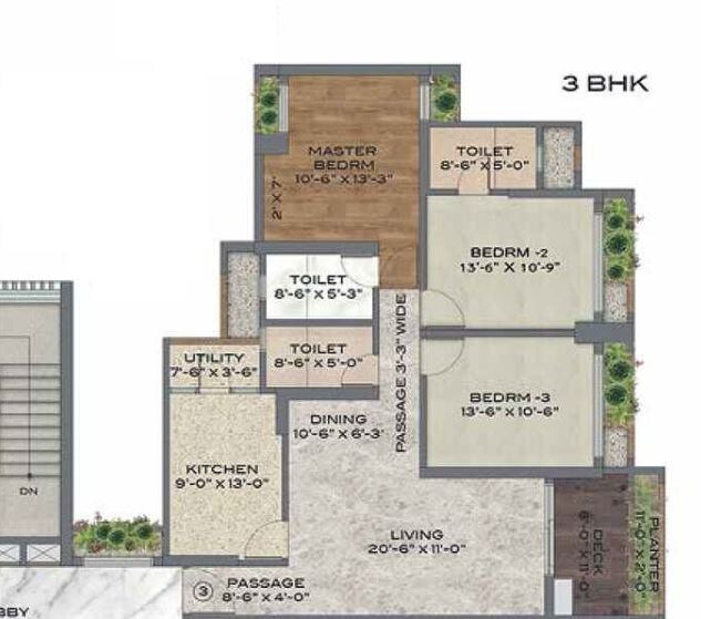 Floor plan of 3 BHK 1276 Sq. Ft. Apartment in Bhimjyani Verraton, Thane
