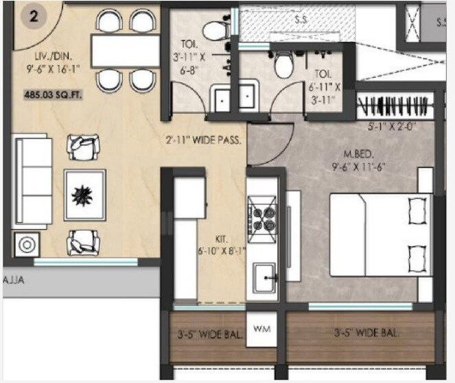 Floor plan of 1 BHK 490 Sq. Ft. Apartment in Bhutra Anjani One, Thane