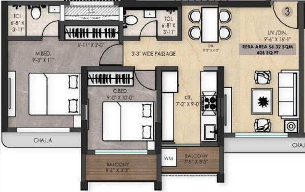 Floor plan of 2 BHK 606 Sq. Ft. Apartment in Bhutra Anjani One, Thane