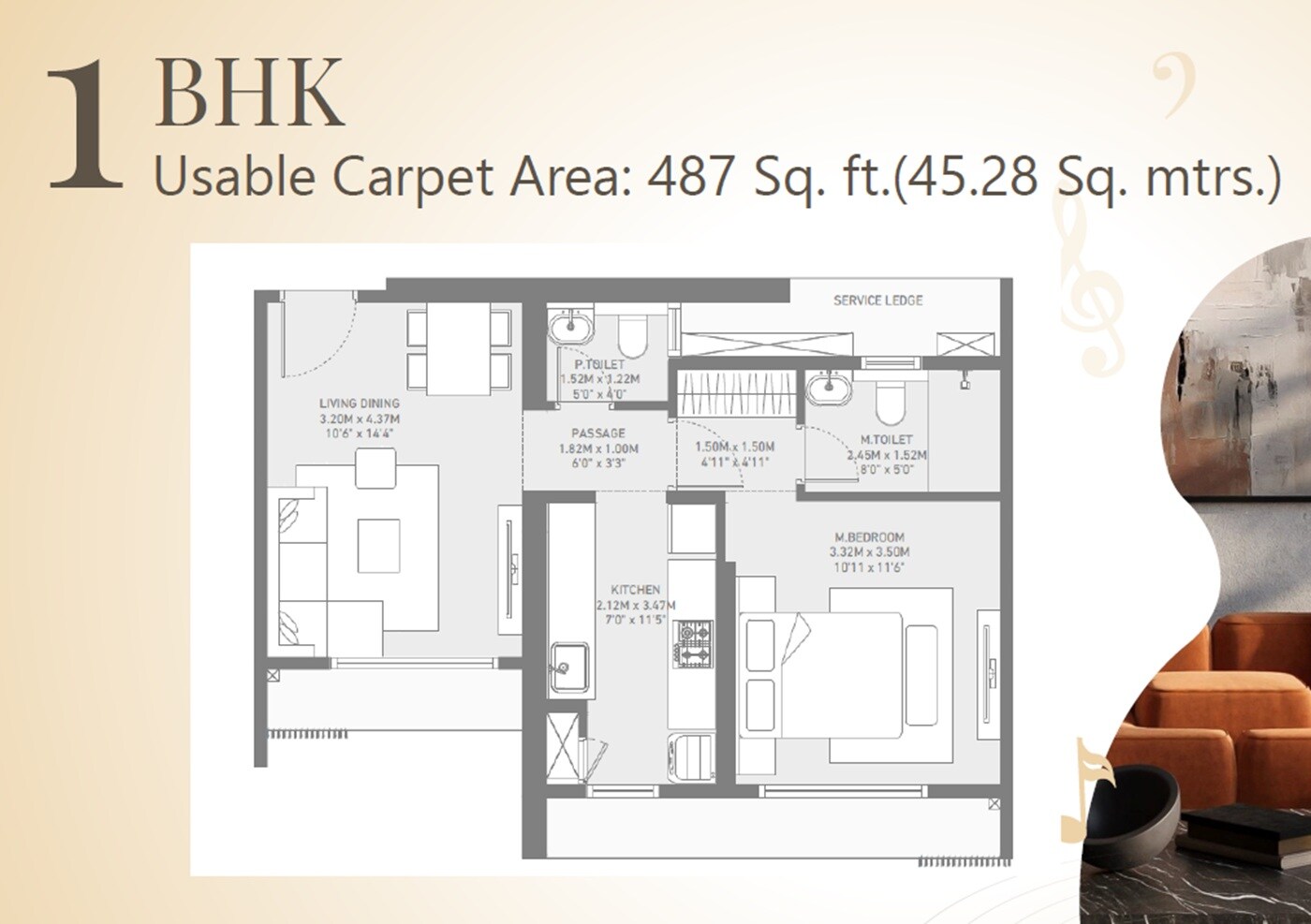 Floor plan of 1 BHK 487 Sq. Ft. Apartment in Birla Taranya, Thane