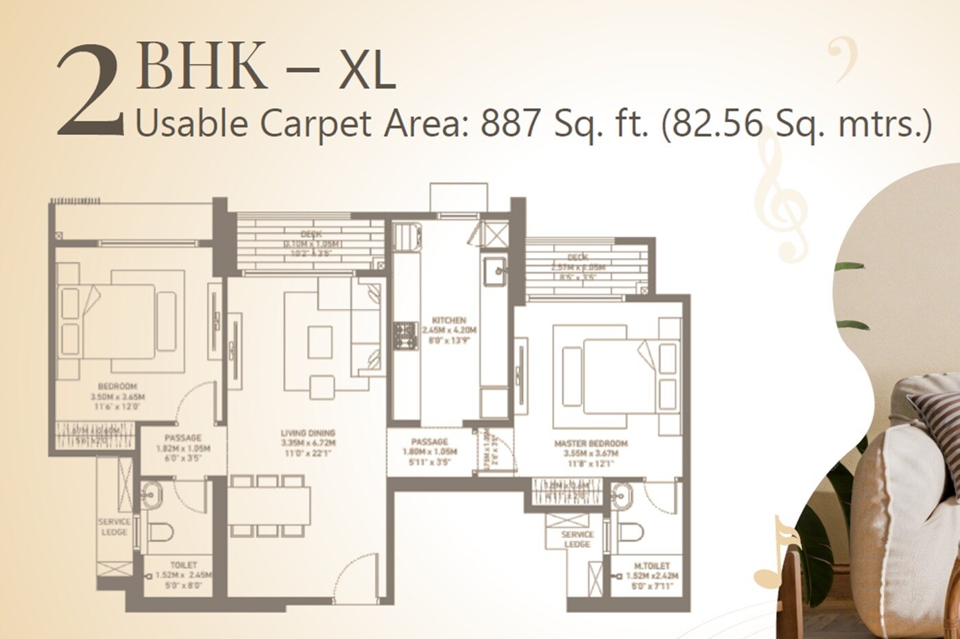 2 BHK 887 Sq. Ft. Apartment